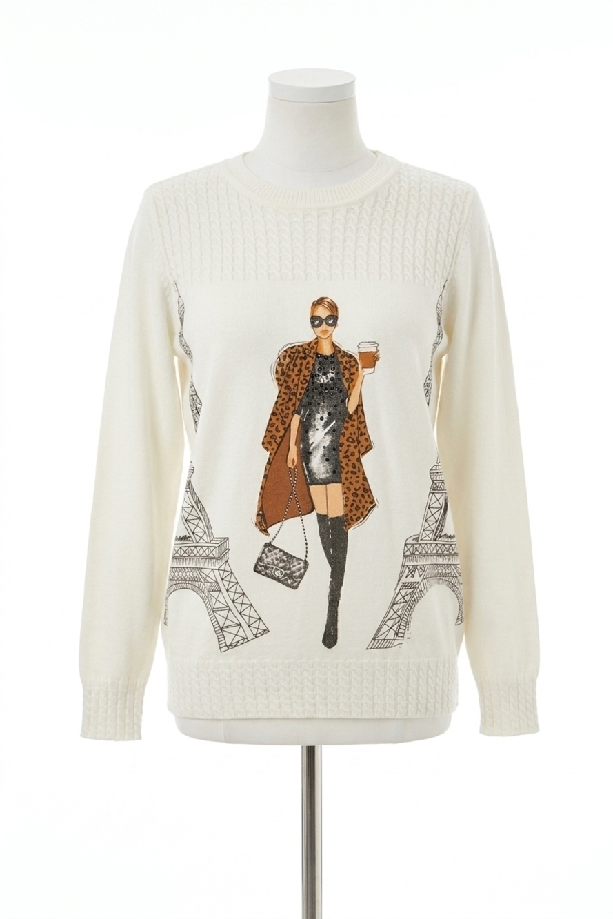 NEW FRANK LYMAN fashionable lady in paris graphic pullover sweater in off white
